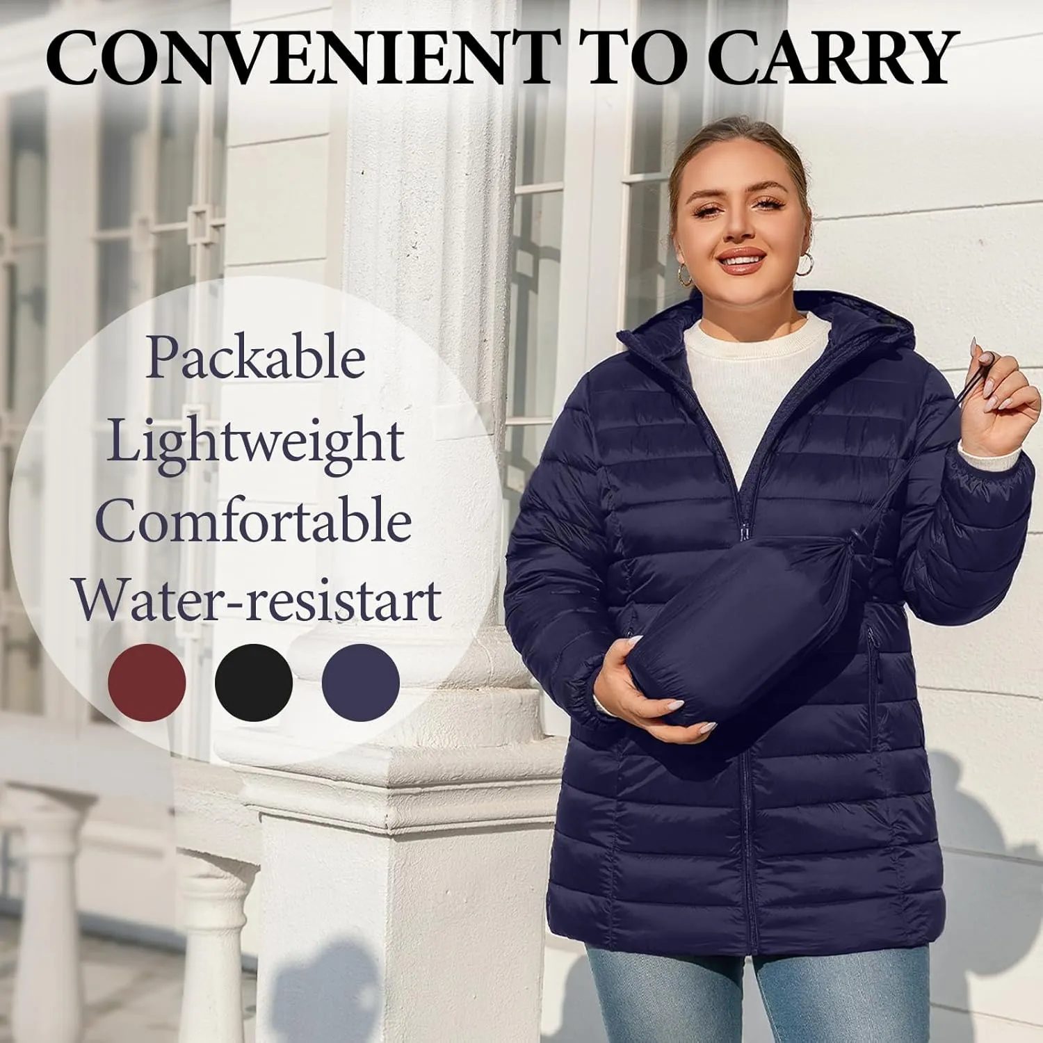 Plus Size Puffer Jacket for Women 1X-7X Water-Resistant Packable Winter Coat Mid-length Lightweight Puffer Coat