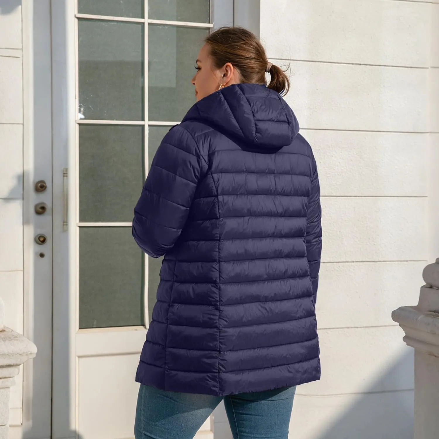 Plus Size Puffer Jacket for Women 1X-7X Water-Resistant Packable Winter Coat Mid-length Lightweight Puffer Coat