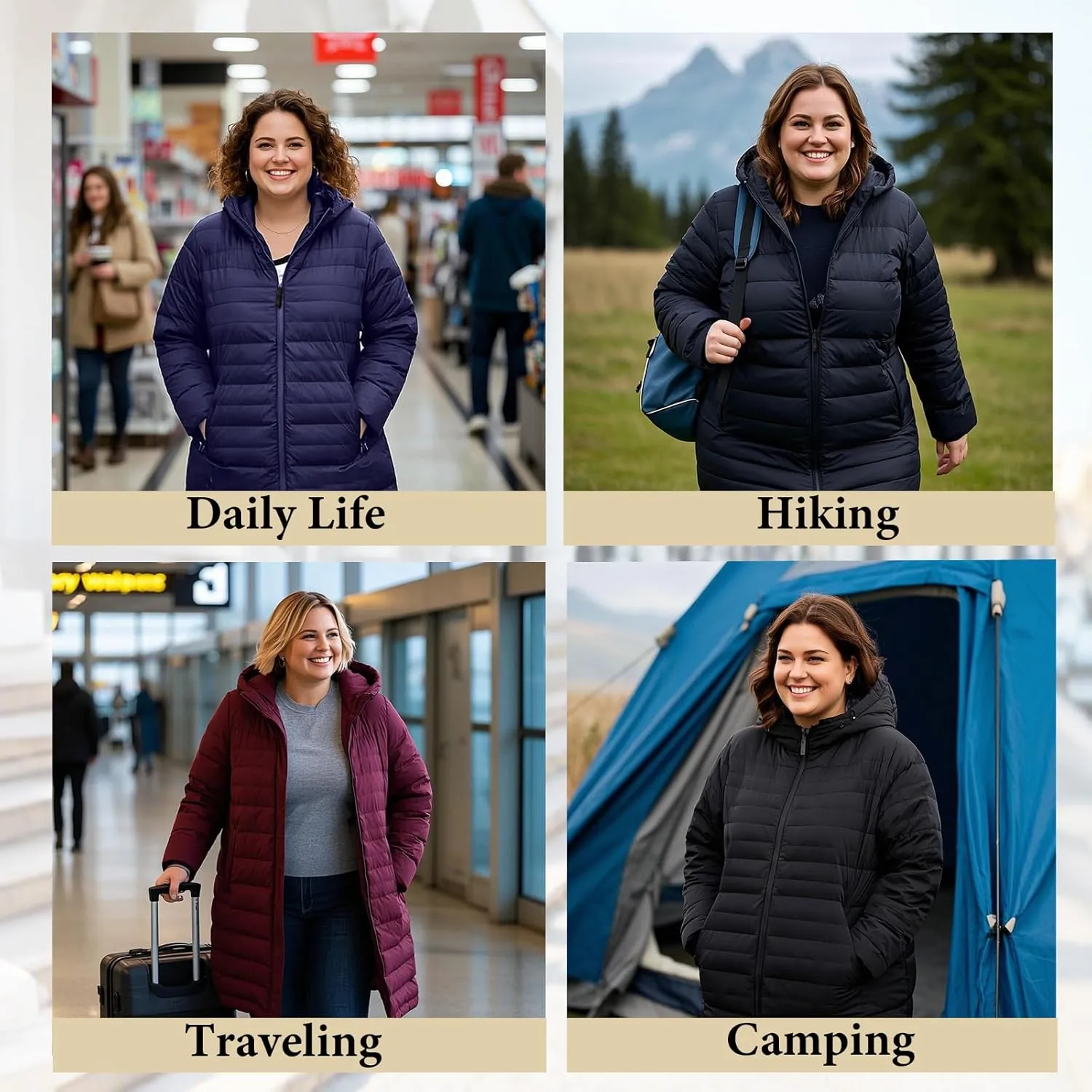 Plus Size Puffer Jacket for Women 1X-7X Water-Resistant Packable Winter Coat Mid-length Lightweight Puffer Coat