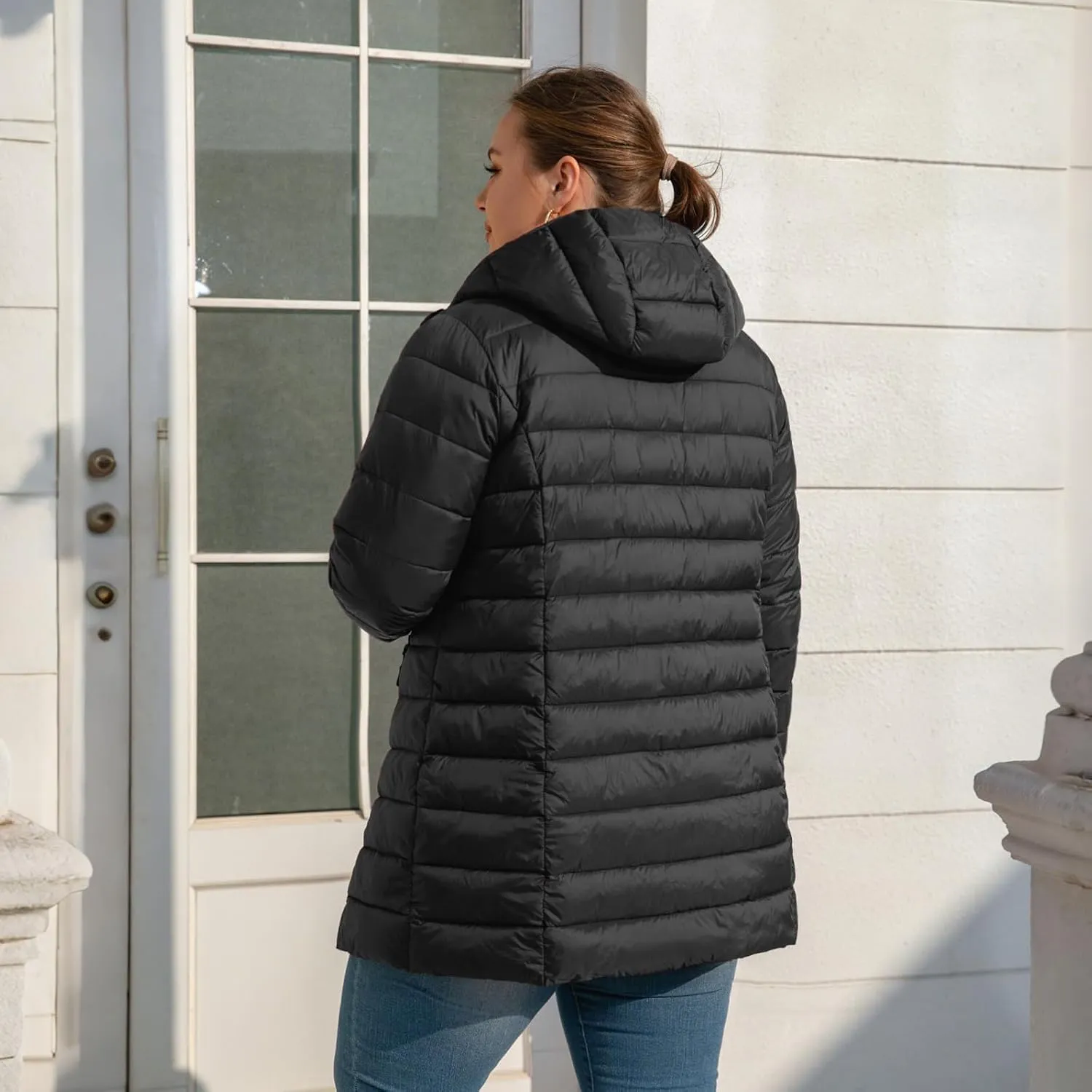 Plus Size Puffer Jacket for Women 1X-7X Water-Resistant Packable Winter Coat Mid-length Lightweight Puffer Coat