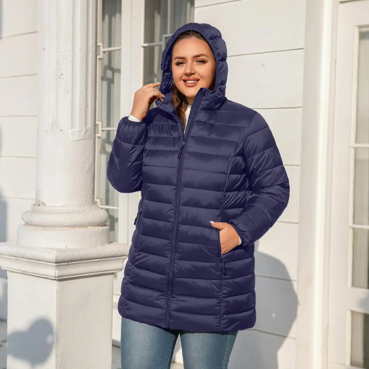 Plus Size Puffer Jacket for Women 1X-7X Water-Resistant Packable Winter Coat Mid-length Lightweight Puffer Coat