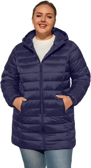 Plus Size Puffer Jacket for Women 1X-7X Water-Resistant Packable Winter Coat Mid-length Lightweight Puffer Coat