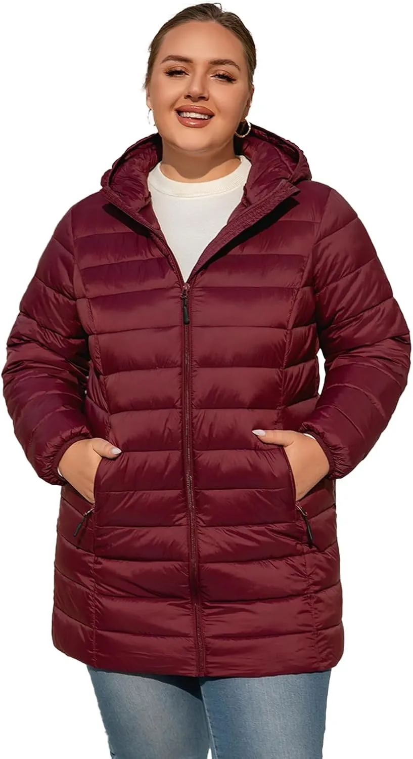 Plus Size Puffer Jacket for Women 1X-7X Water-Resistant Packable Winter Coat Mid-length Lightweight Puffer Coat