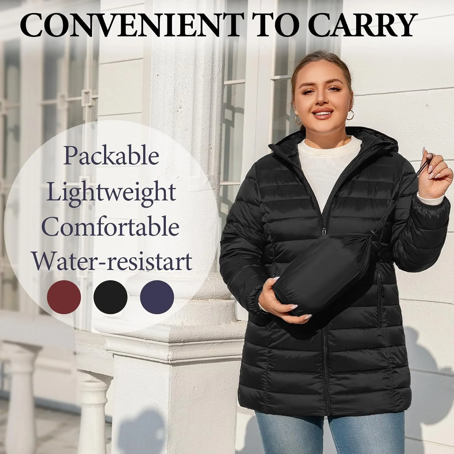 Plus Size Puffer Jacket for Women 1X-7X Water-Resistant Packable Winter Coat Mid-length Lightweight Puffer Coat