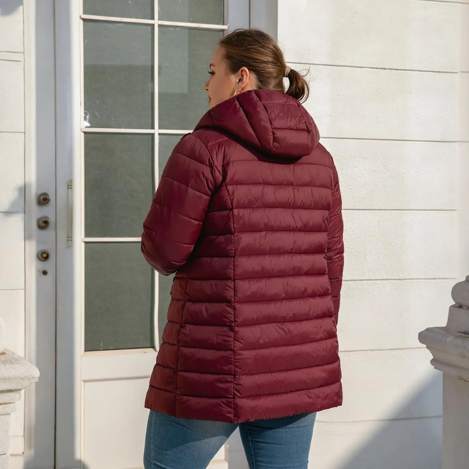 Plus Size Puffer Jacket for Women 1X-7X Water-Resistant Packable Winter Coat Mid-length Lightweight Puffer Coat