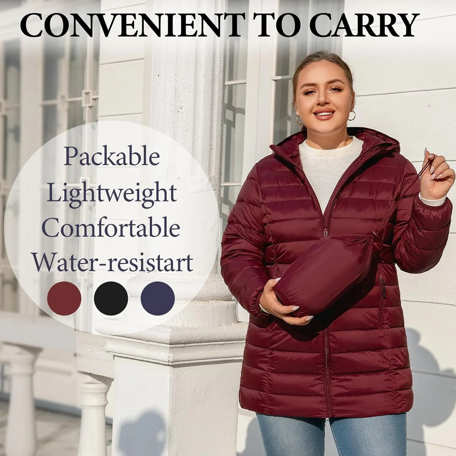 Plus Size Puffer Jacket for Women 1X-7X Water-Resistant Packable Winter Coat Mid-length Lightweight Puffer Coat
