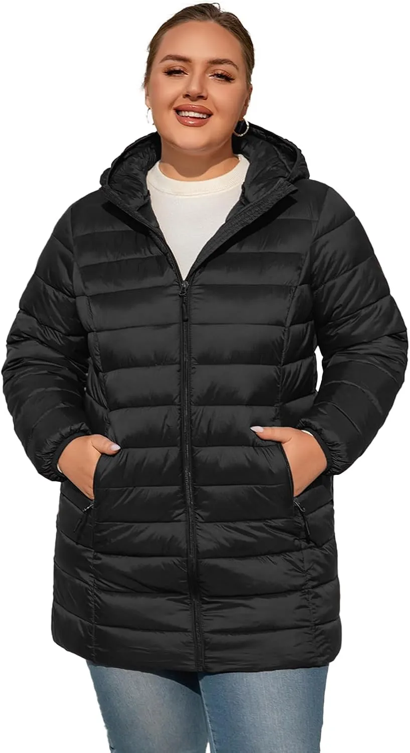 Plus Size Puffer Jacket for Women 1X-7X Water-Resistant Packable Winter Coat Mid-length Lightweight Puffer Coat