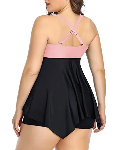Plus Size Tankini Top With Shorts Swimsuits For Women-Pink And Black