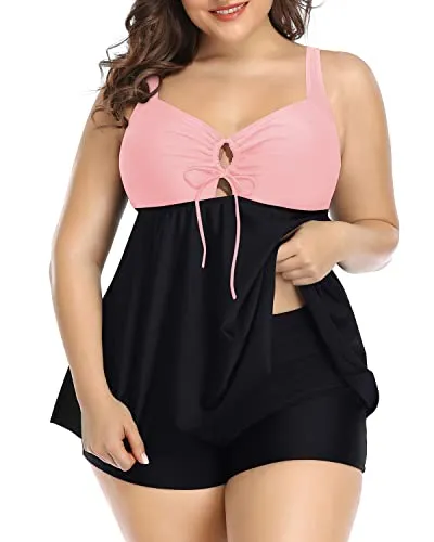 Plus Size Tankini Top With Shorts Swimsuits For Women-Pink And Black