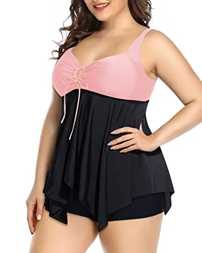 Plus Size Tankini Top With Shorts Swimsuits For Women-Pink And Black