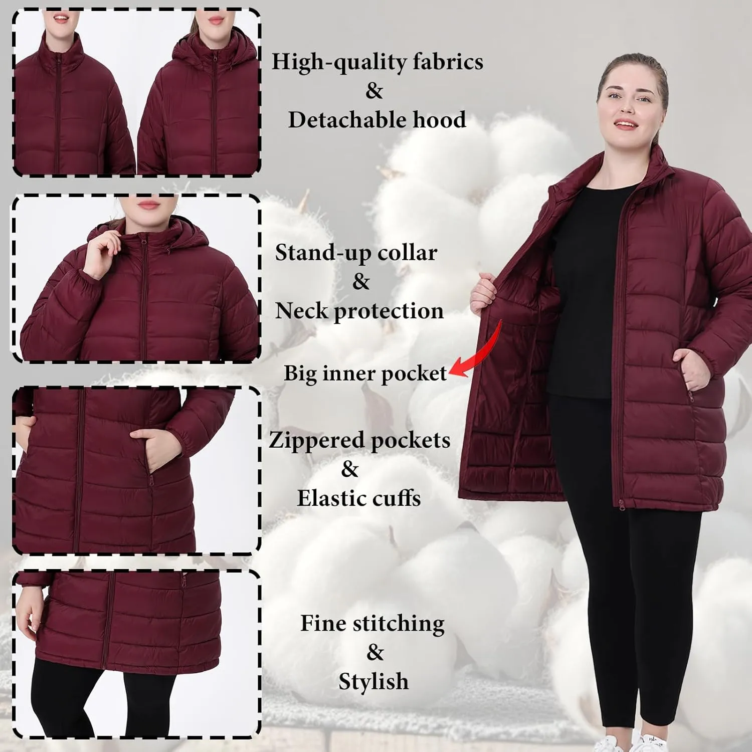 Plus Size Women Packable Puffer Jacket 1X-6X Water-Resistant Lightweight Coat Detachable Hood(Exclusively for Plus Size)