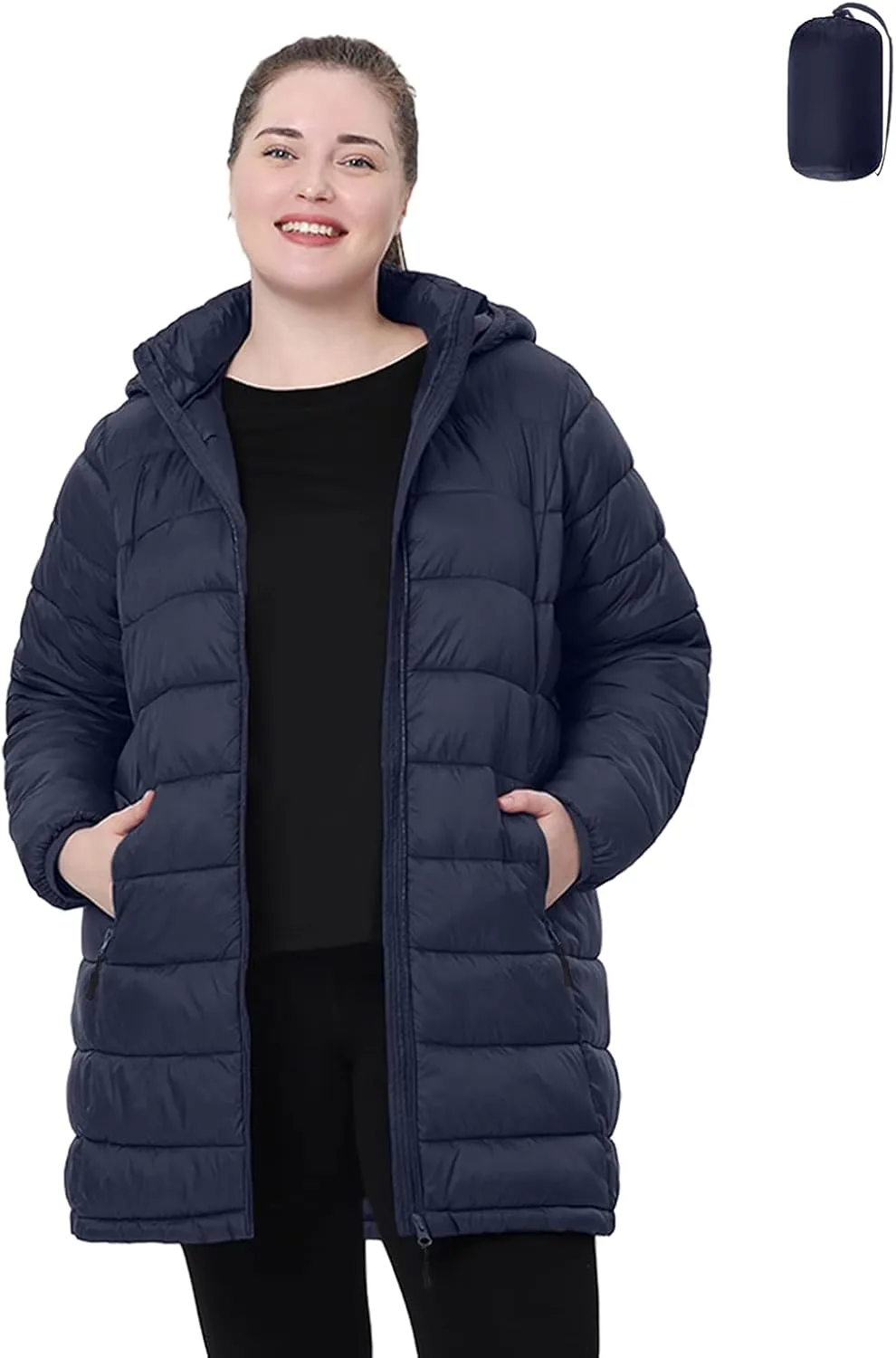 Plus Size Women Packable Puffer Jacket 1X-6X Water-Resistant Lightweight Coat Detachable Hood(Exclusively for Plus Size)