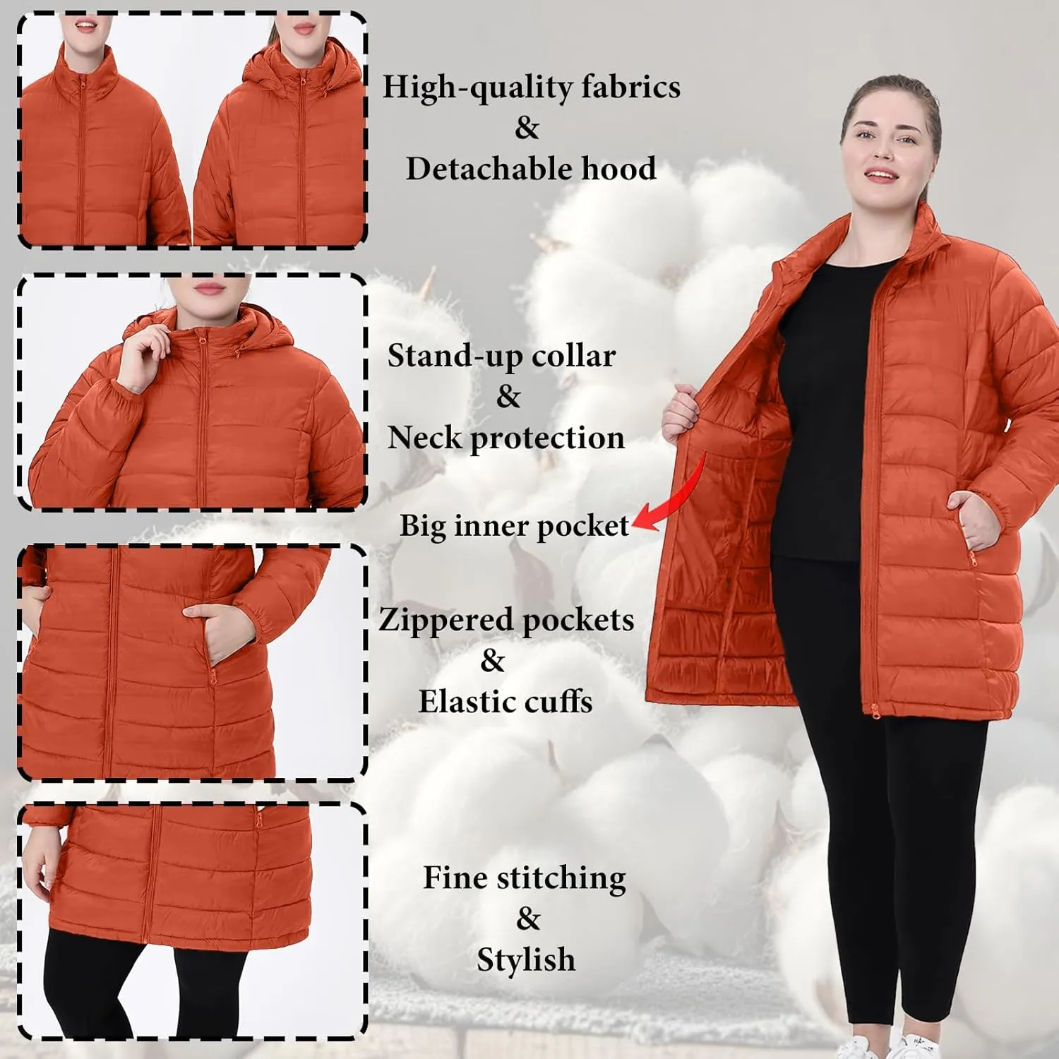 Plus Size Women Packable Puffer Jacket 1X-6X Water-Resistant Lightweight Coat Detachable Hood(Exclusively for Plus Size)