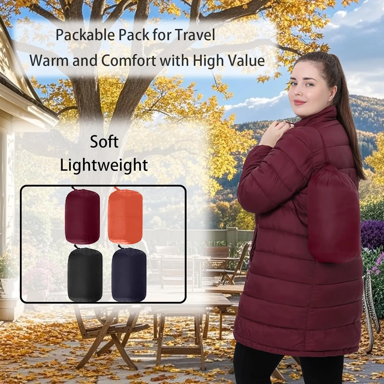 Plus Size Women Packable Puffer Jacket 1X-6X Water-Resistant Lightweight Coat Detachable Hood(Exclusively for Plus Size)