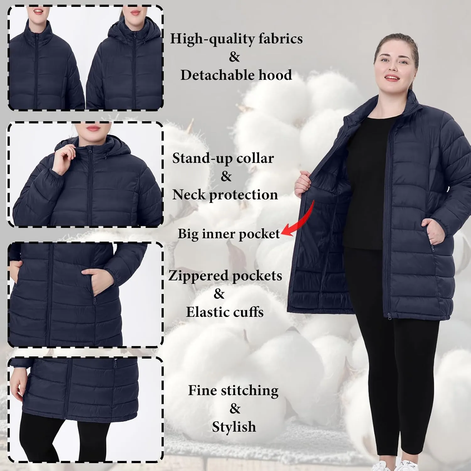 Plus Size Women Packable Puffer Jacket 1X-6X Water-Resistant Lightweight Coat Detachable Hood(Exclusively for Plus Size)