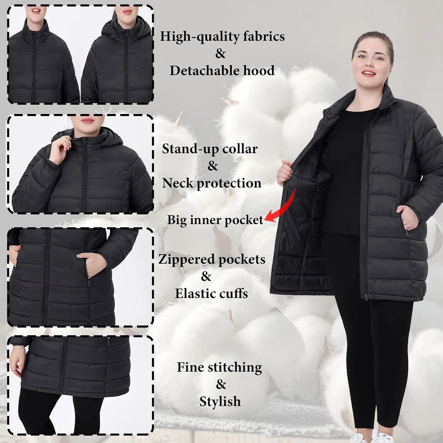 Plus Size Women Packable Puffer Jacket 1X-6X Water-Resistant Lightweight Coat Detachable Hood(Exclusively for Plus Size)