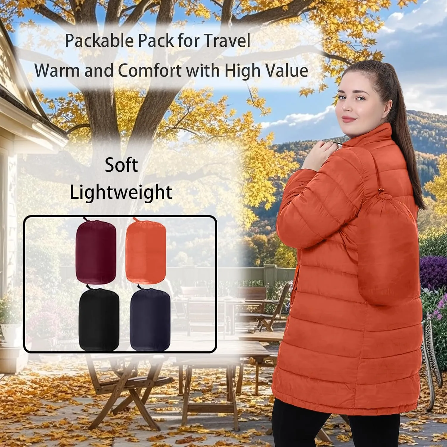 Plus Size Women Packable Puffer Jacket 1X-6X Water-Resistant Lightweight Coat Detachable Hood(Exclusively for Plus Size)