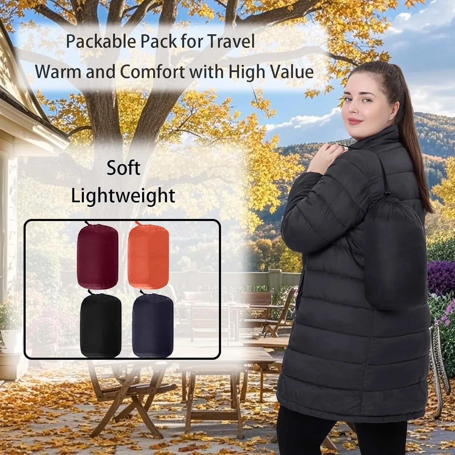 Plus Size Women Packable Puffer Jacket 1X-6X Water-Resistant Lightweight Coat Detachable Hood(Exclusively for Plus Size)