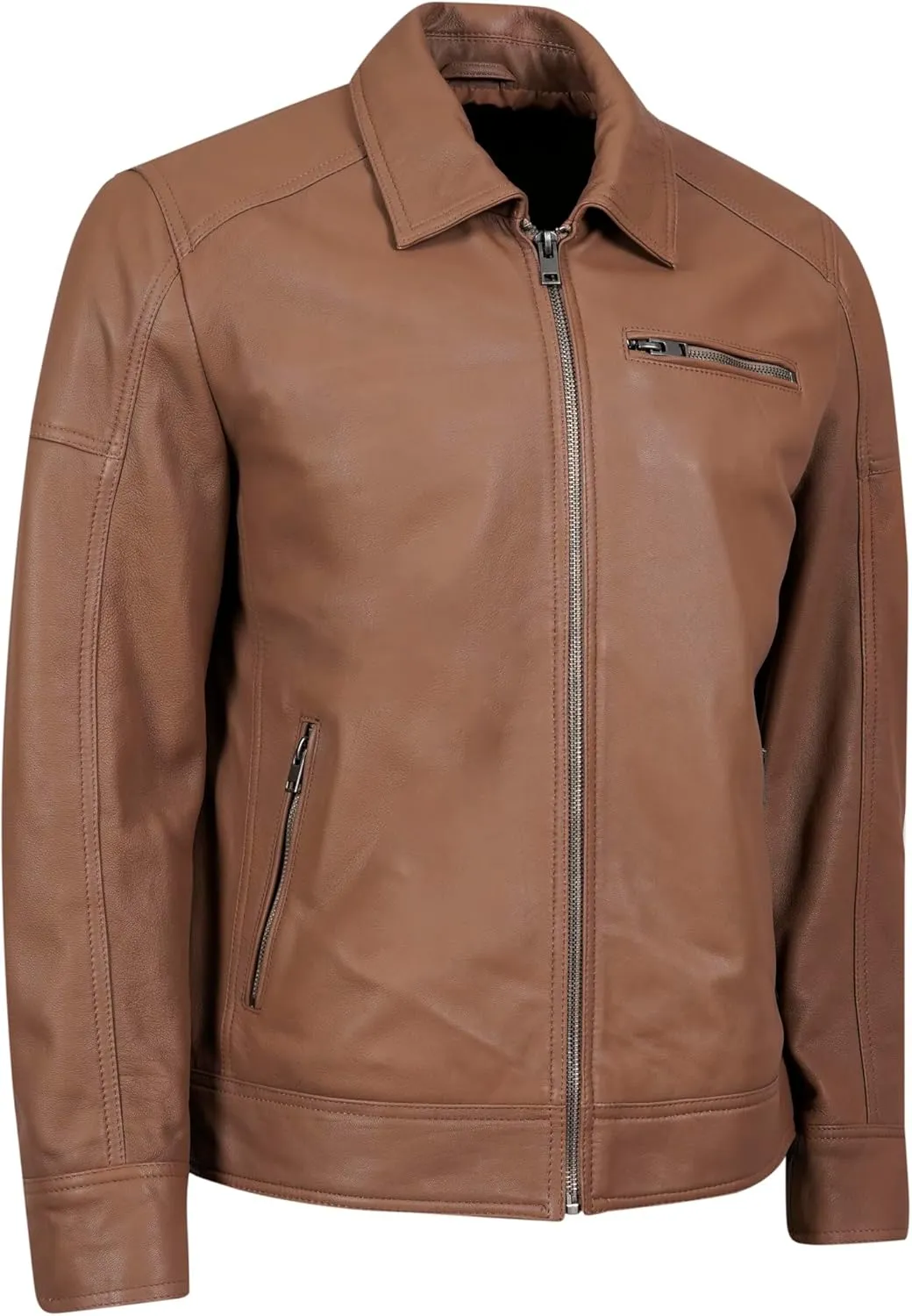 Polo Collar Premium Leather Jacket Men - Old School Classic Style Everyday Wear Real Lambskin Mens Leather Jacket