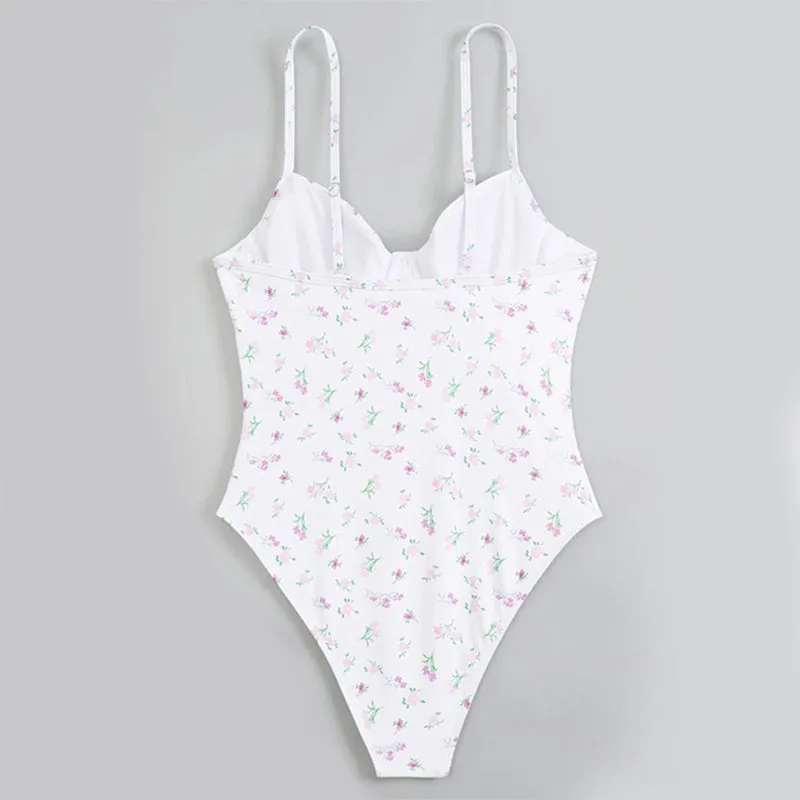 Pretty Floral Print High-Cut Monokini One-Piece Summer Bathing Suits