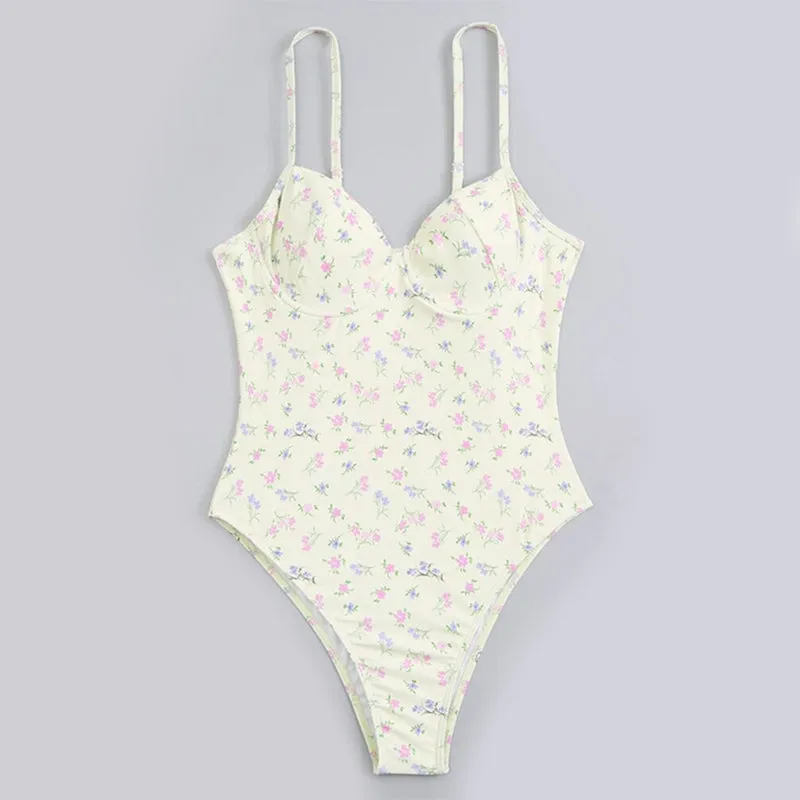 Pretty Floral Print High-Cut Monokini One-Piece Summer Bathing Suits