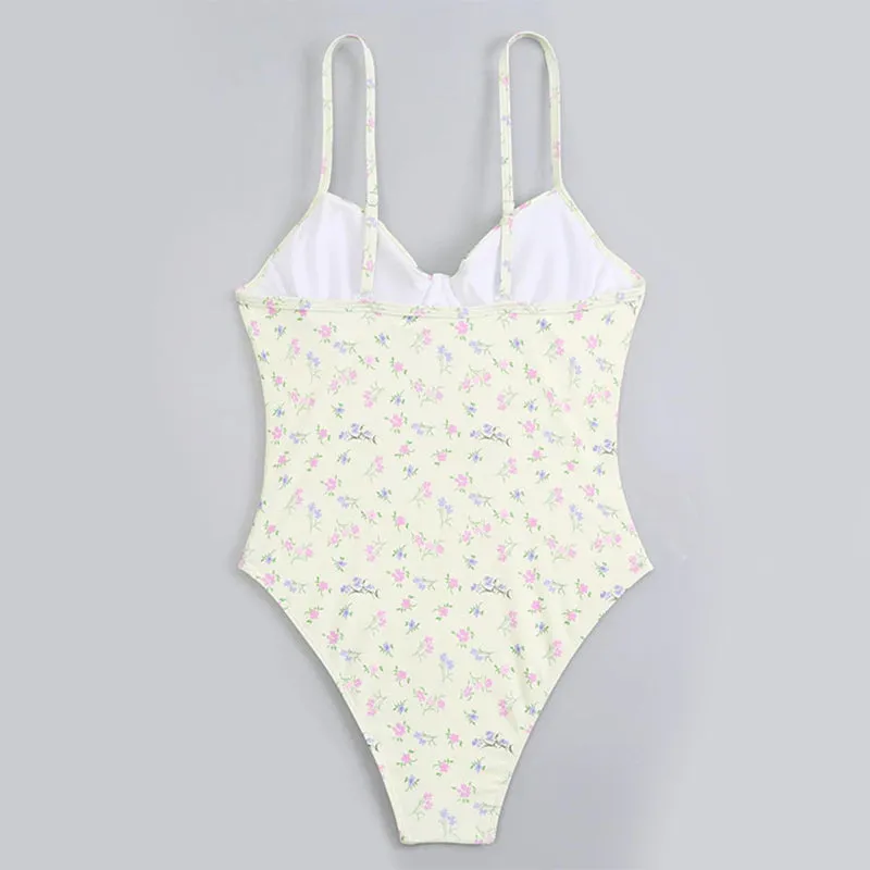 Pretty Floral Print High-Cut Monokini One-Piece Summer Bathing Suits