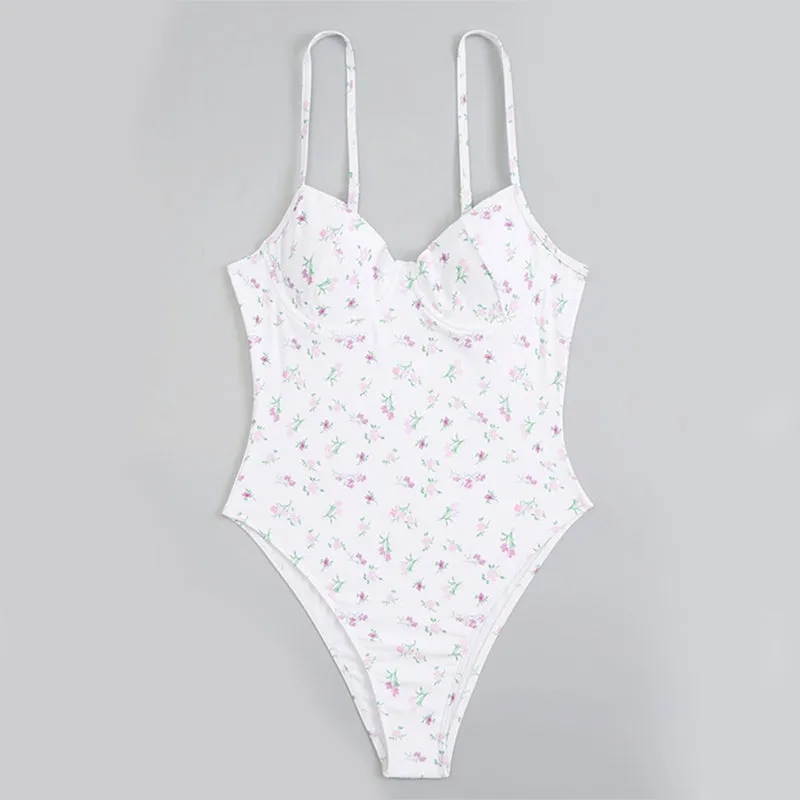 Pretty Floral Print High-Cut Monokini One-Piece Summer Bathing Suits