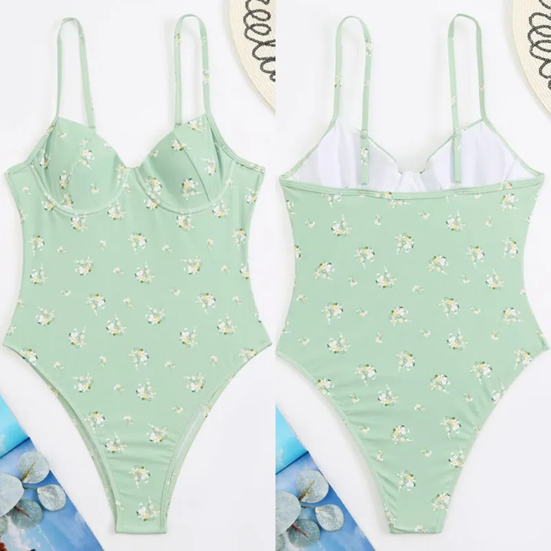 Pretty Floral Print High-Cut Monokini One-Piece Summer Bathing Suits
