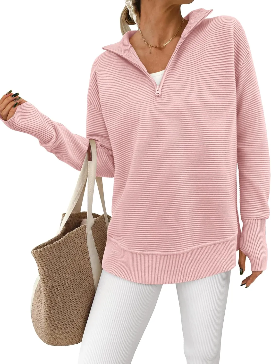 PRETTYGARDEN Womens Long Sleeve Quarter Zip Pullover Sweater Casual Loose V Neck Collared Ribbed Knit Jumper Tops Thumb Hole