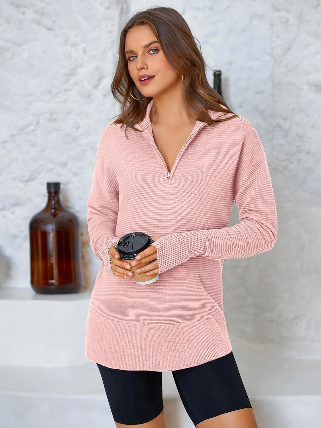 PRETTYGARDEN Womens Long Sleeve Quarter Zip Pullover Sweater Casual Loose V Neck Collared Ribbed Knit Jumper Tops Thumb Hole