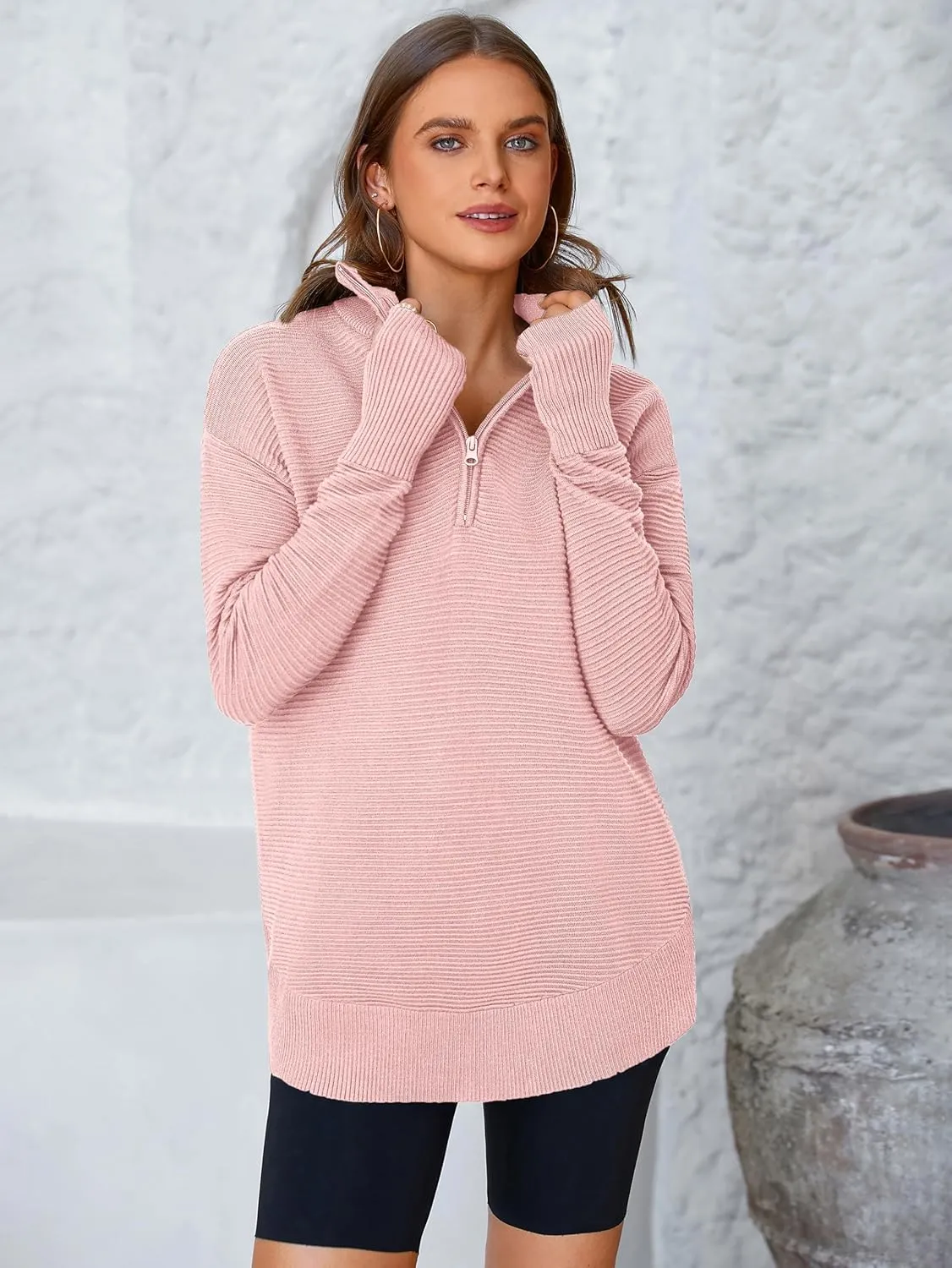 PRETTYGARDEN Womens Long Sleeve Quarter Zip Pullover Sweater Casual Loose V Neck Collared Ribbed Knit Jumper Tops Thumb Hole
