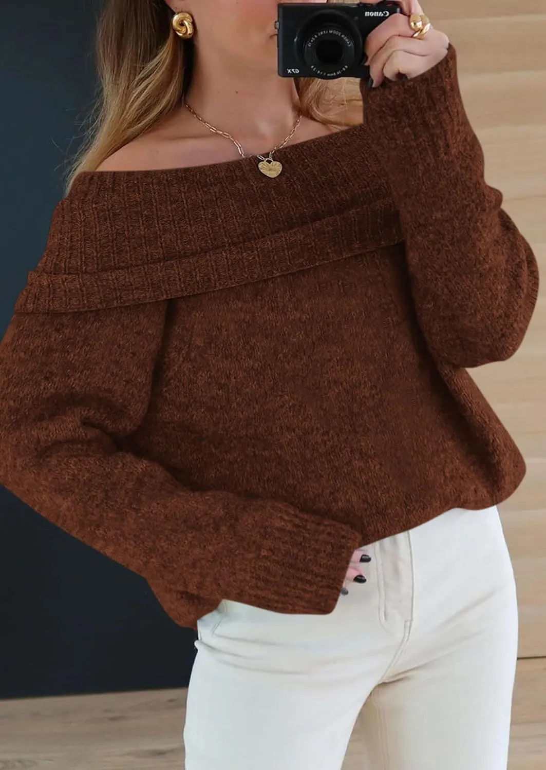 PRETTYGARDEN Women's Sweaters Spring Off The Shoulder Long Sleeve Top 2025 Outfits Loose Knitted Winter Pullover
