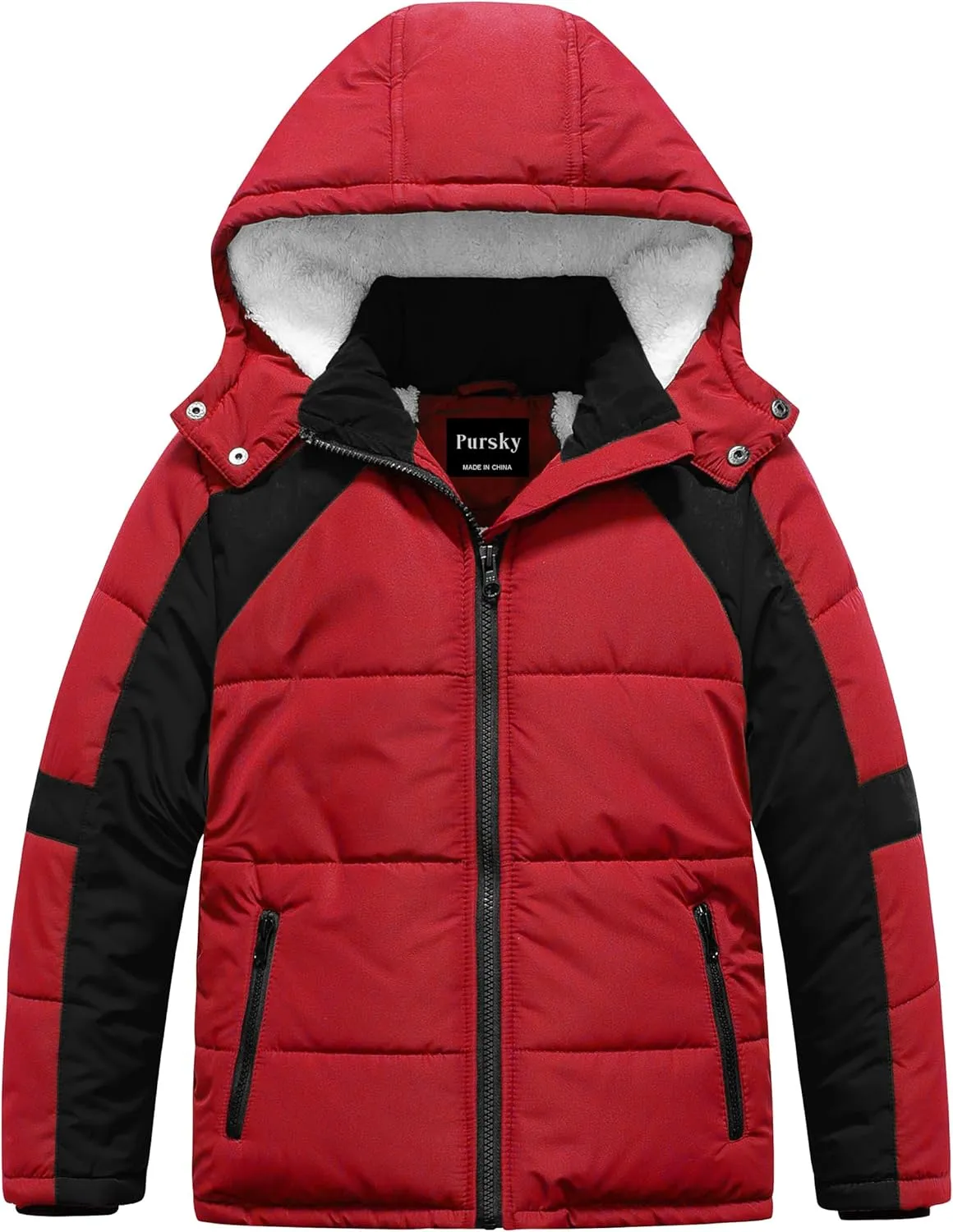 Pursky Boy's Warm Winter Coat Water Resistant Sherpa Outerwear Puffer Jackets With Removable Furry Hood