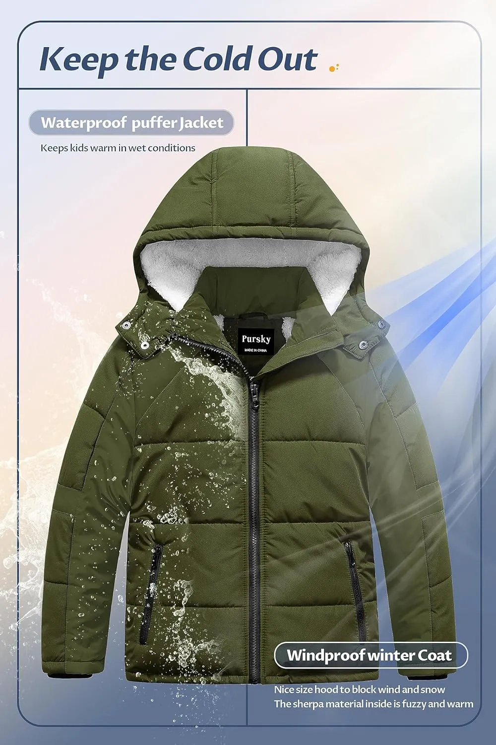 Pursky Boy's Warm Winter Coat Water Resistant Sherpa Outerwear Puffer Jackets With Removable Furry Hood