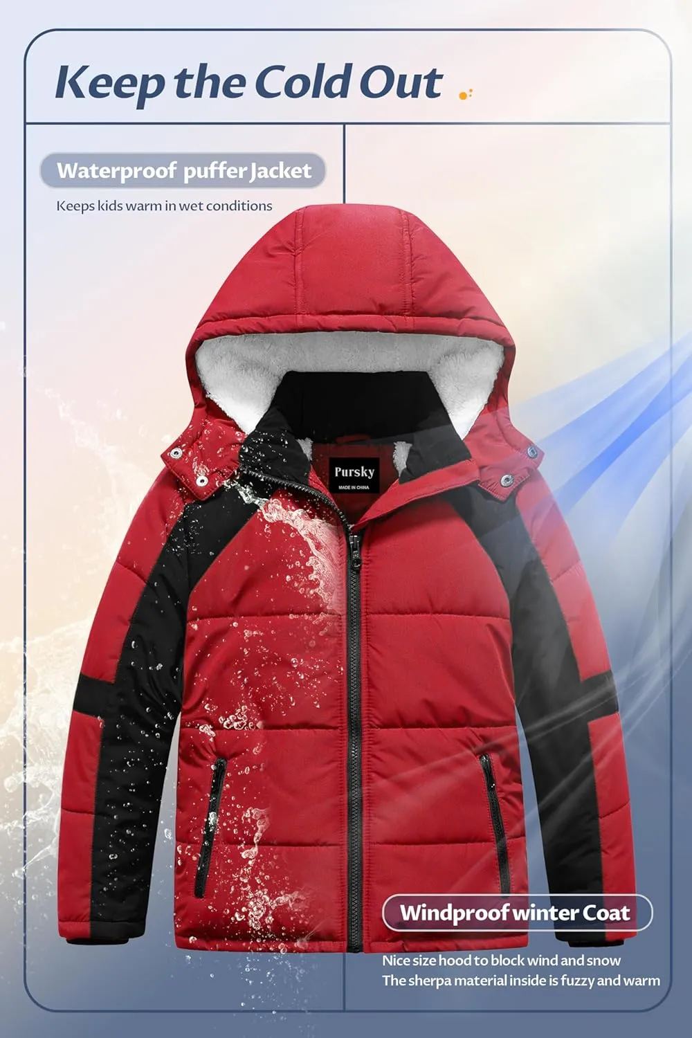 Pursky Boy's Warm Winter Coat Water Resistant Sherpa Outerwear Puffer Jackets With Removable Furry Hood