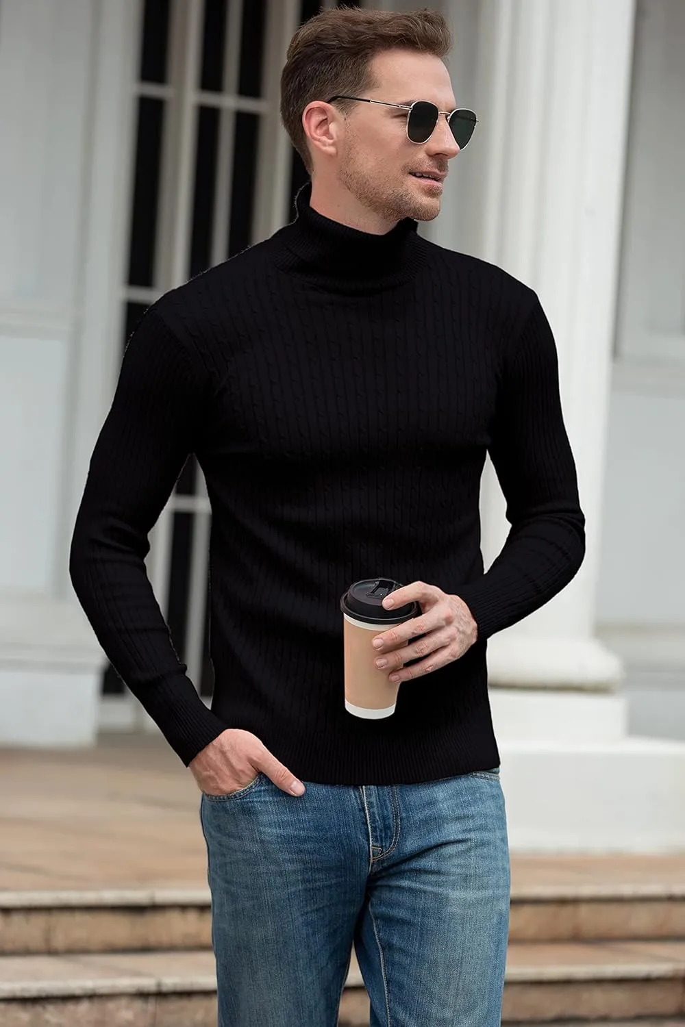 QZH.DUAO Men's Casual Slim Fit Turtleneck Pullover Sweaters Tops with Twist Patterned