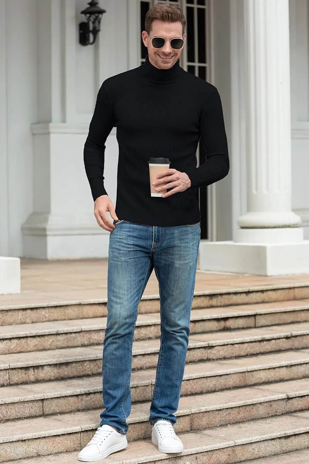 QZH.DUAO Men's Casual Slim Fit Turtleneck Pullover Sweaters Tops with Twist Patterned