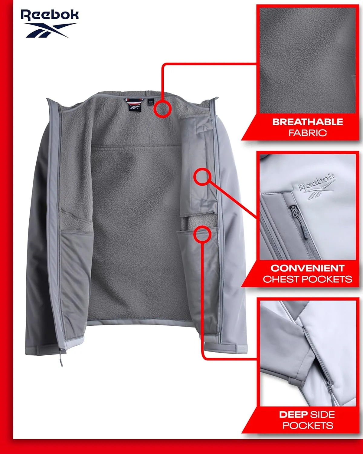 Reebok Men's Jacket - Weather Resistant Fleece Lined Softshell Jacket Coat - Lightweight Casual Coat for Men (M-XXL)