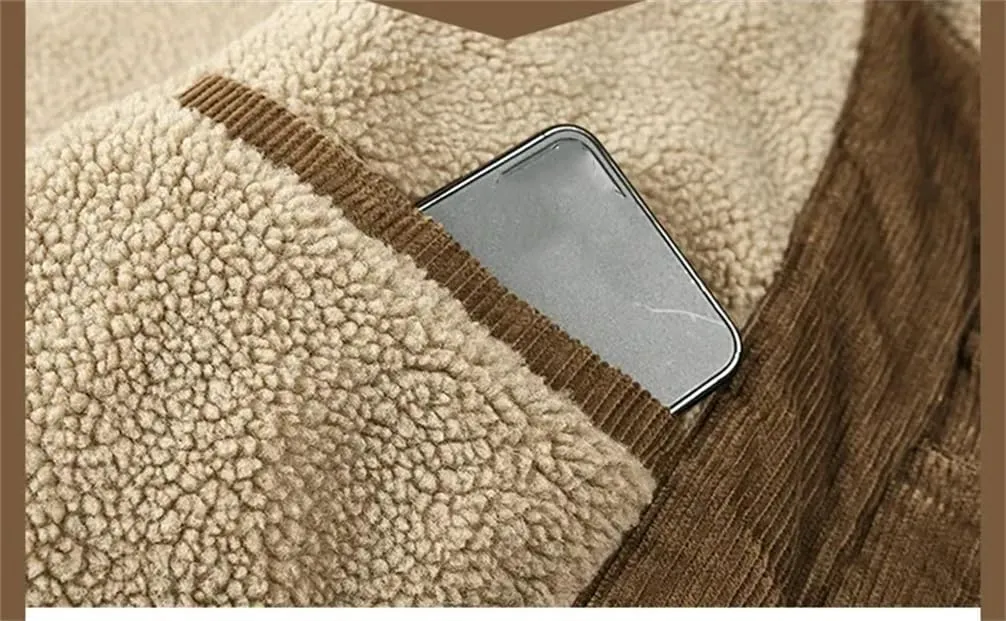 REHJJDFD Male Cotton Jackets Padded Warm Loose Parka Coat Corduroy Short Jacket Man Solid Zip Windbreaker Men's Fleece Jacket