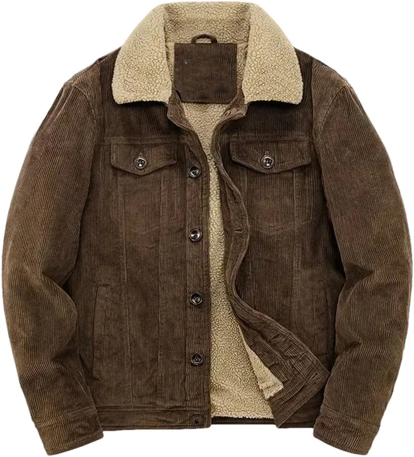 REHJJDFD Male Cotton Jackets Padded Warm Loose Parka Coat Corduroy Short Jacket Man Solid Zip Windbreaker Men's Fleece Jacket