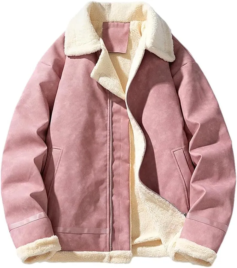 REHJJDFD Men Vintage Thickened Fleece-Lined Jacket Leather Clasp Warm Cotton-Padded Coat Lamb Wool Jacket