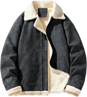 REHJJDFD Men Vintage Thickened Fleece-Lined Jacket Leather Clasp Warm Cotton-Padded Coat Lamb Wool Jacket