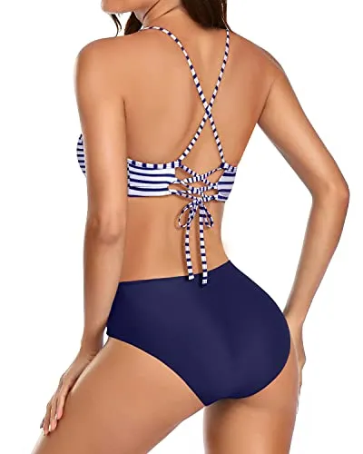 Removable Padding Triangle Bikini Sets For Women-Blue White Stripe