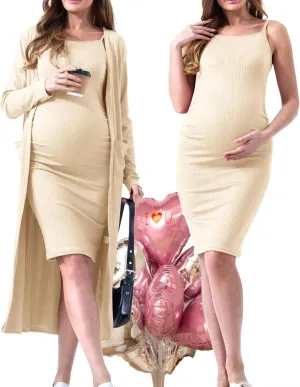 Rnxrbb 2 Piece Fall Adjustable Maternity Dress Cardigan Bodycon Long Sleeve Maternity Dresses Baby Shower Wedding Guest
