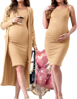 Rnxrbb 2 Piece Fall Adjustable Maternity Dress Cardigan Bodycon Long Sleeve Maternity Dresses Baby Shower Wedding Guest
