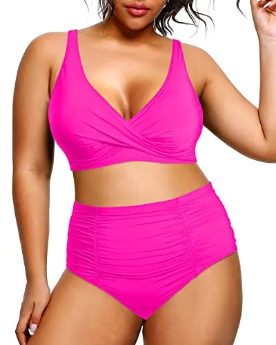 Ruched 2 Piece Plus Size Bikini High Waisted Swimsuits Tummy Control Bathing Suits-Neon Pink