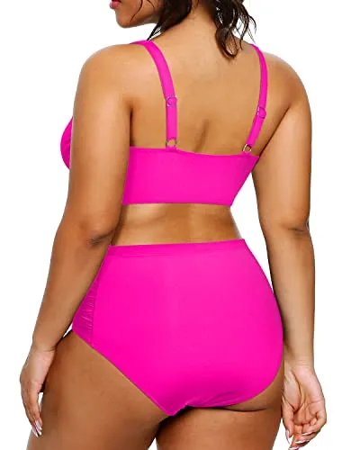 Ruched 2 Piece Plus Size Bikini High Waisted Swimsuits Tummy Control Bathing Suits-Neon Pink