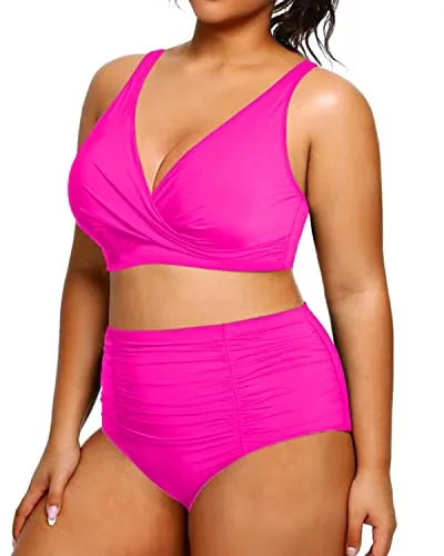 Ruched 2 Piece Plus Size Bikini High Waisted Swimsuits Tummy Control Bathing Suits-Neon Pink