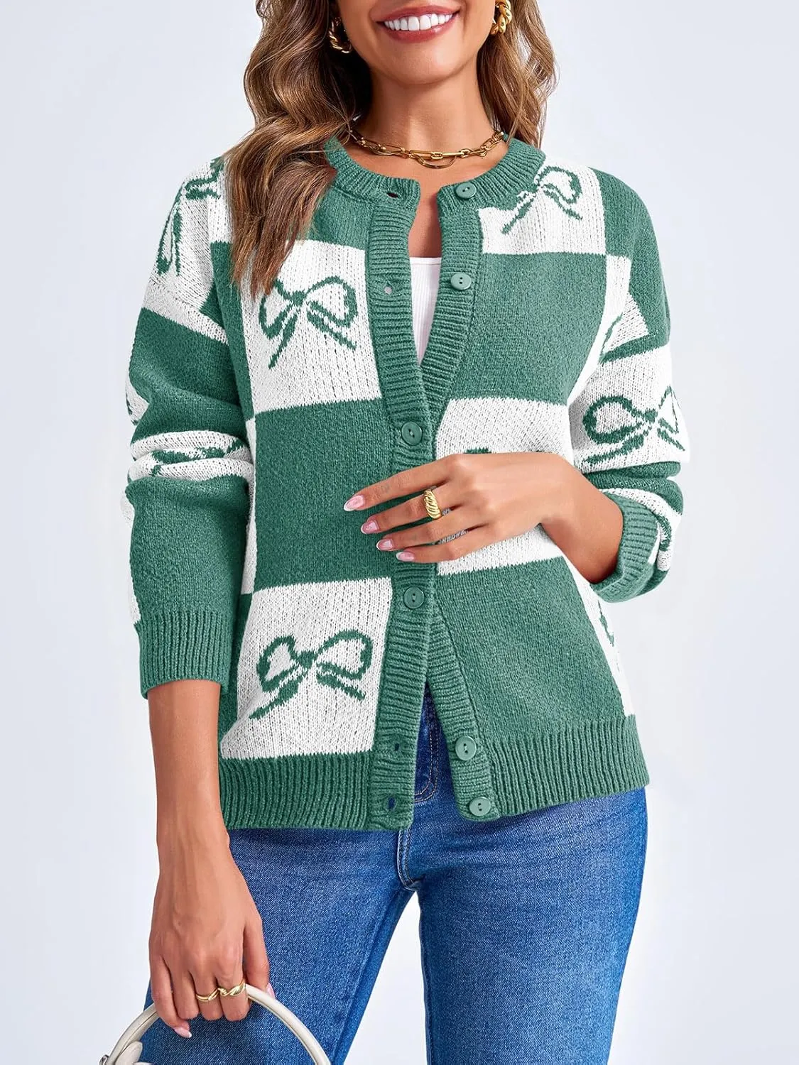 Saodimallsu Womens Checkered Sweater Bow Color Block Plaid Cardigan Long Sleeve Button Open Front Knit Coat