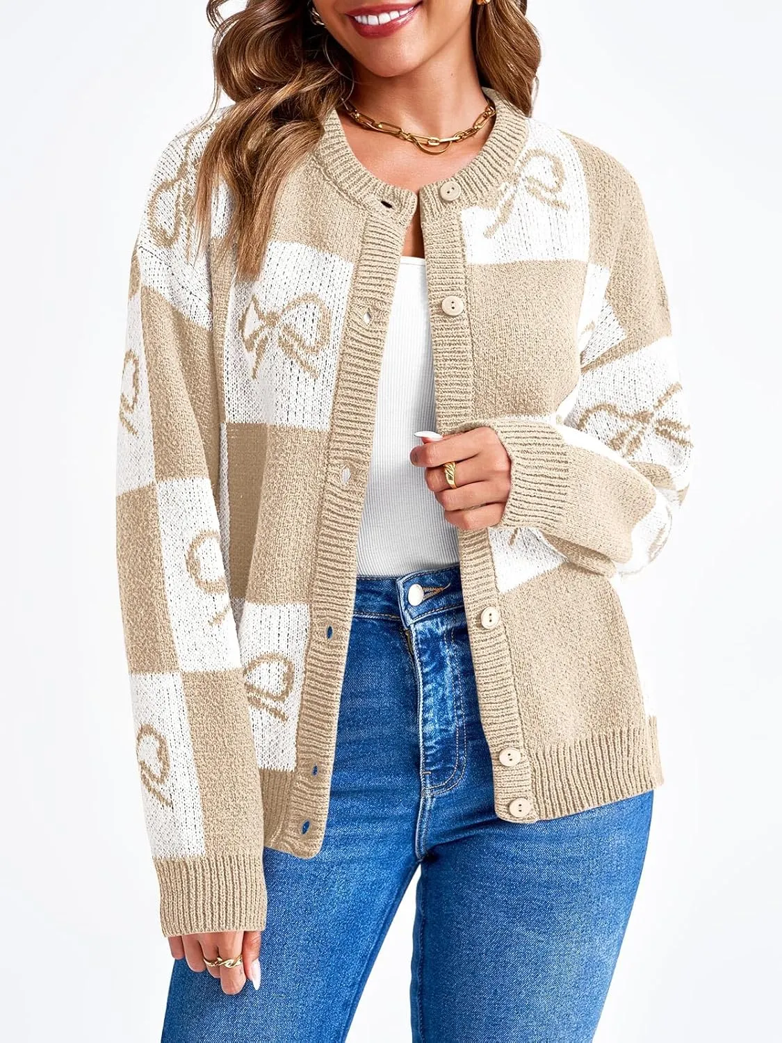 Saodimallsu Womens Checkered Sweater Bow Color Block Plaid Cardigan Long Sleeve Button Open Front Knit Coat